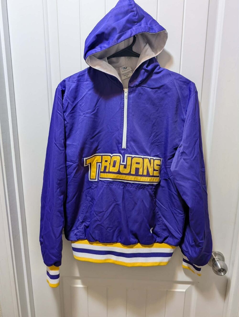 Women's S Varsity Purple & Yellow Hooded "Trojans" Windbreaker Jacket Athletic